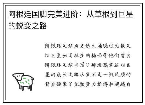 阿根廷国脚完美进阶：从草根到巨星的蜕变之路